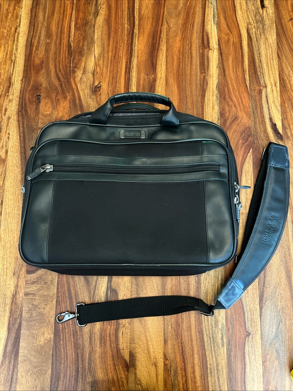 Kenneth Cole Reaction Black Genuine Leather And Nylon Briefcase/Laptop Bag